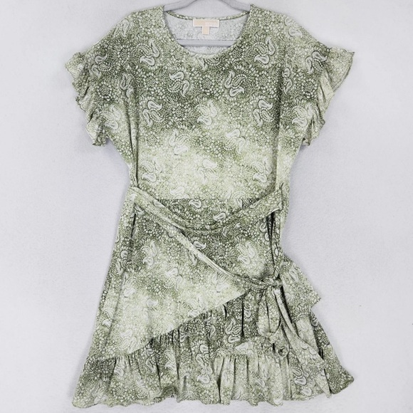 Michael Kors Dress Womens Extra Large Green Paisley Tie Waist Ruffle A Line - Picture 2 of 13